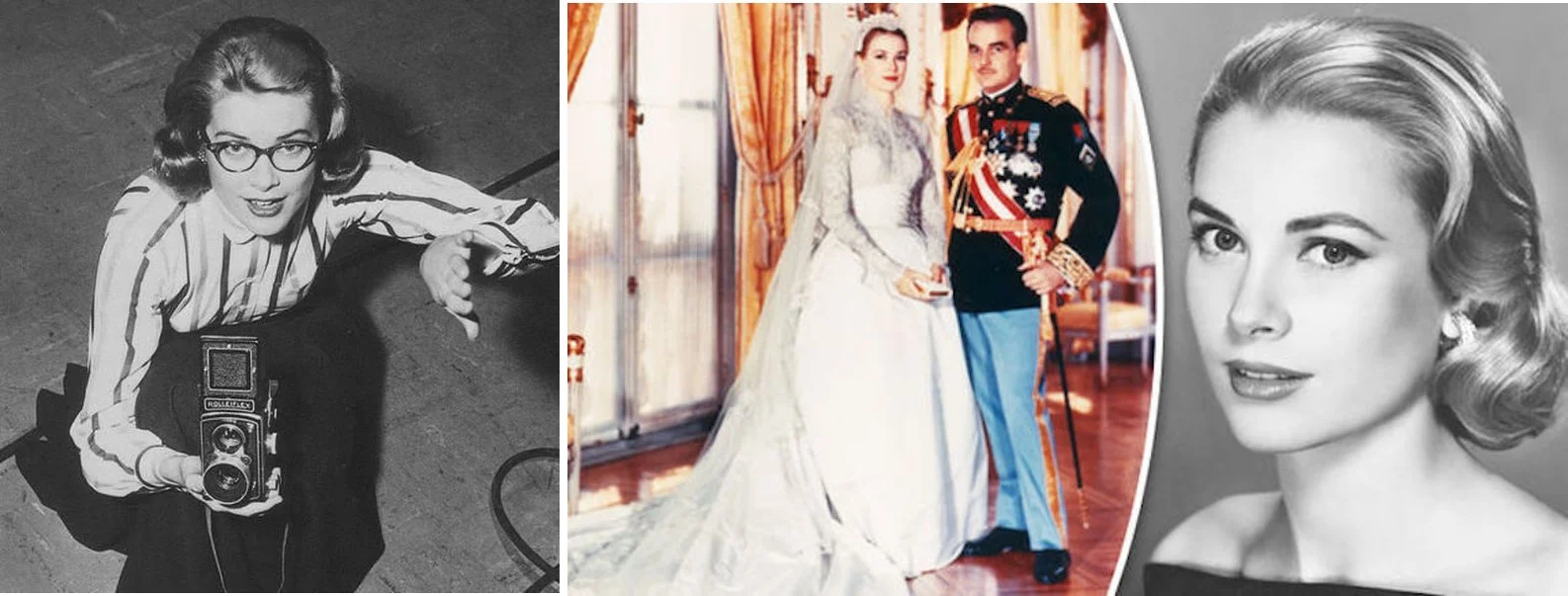 L to R: Model Grace Kelly snaps a photo. Princess Grace & Prince Ranier wedding portrait. Grace Kelly publicity still.