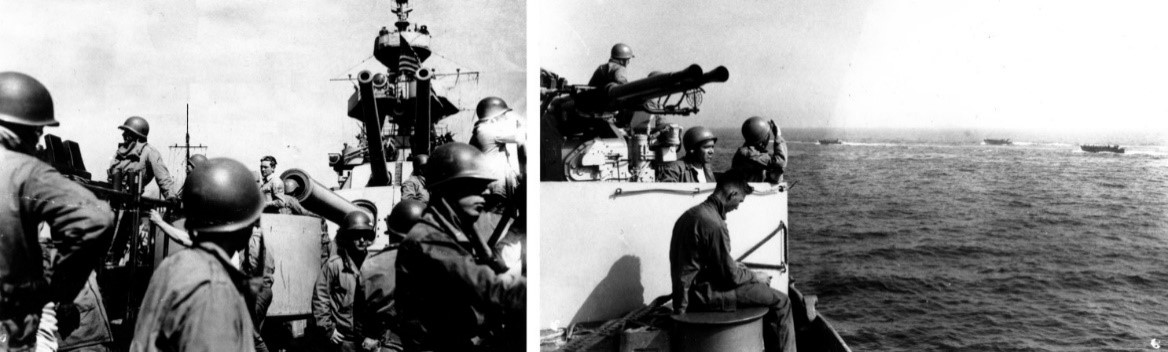 Quad-40 crews at post (l) and watching the landing craft go ashore (r).