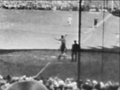 Babe Ruth points out the target of his World Series home run.