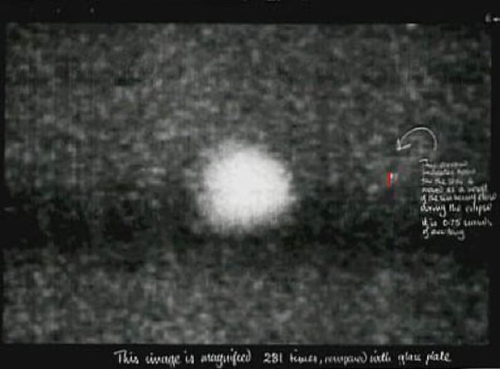 Photograph from the total solar eclipse on May 29, 1919. The image of the star is moved by the Sun’s mass, just as Einstein predicted. The red dot shows where the star would have been without the sun's interference. (Credit: Royal Observatory, Greenwich)