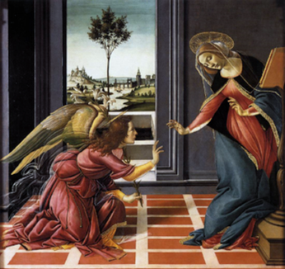 The Annunciation, (1489) by Italian Renaissance master, Botticelli; in the Uffizi Gallery, Florence, Italy.