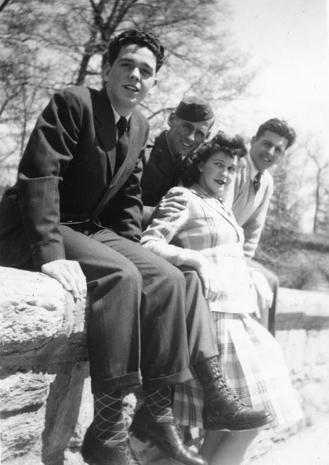 Ignoring the dangers of a world at war (L to R): Jack, Frank Conlin (home on leave one year before being killed-in-action on Iwo Jima), Mary, and Jerry, March 1943.