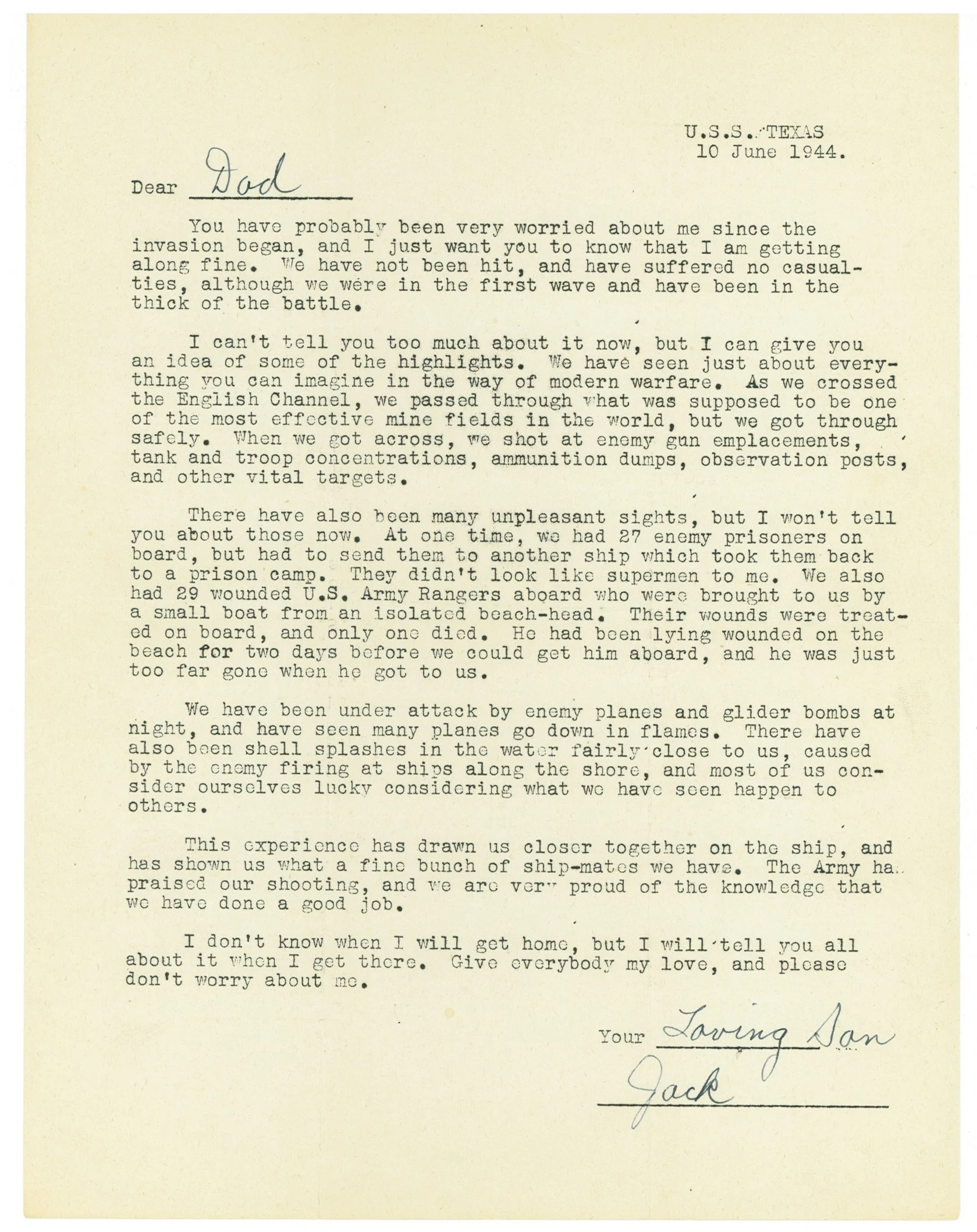 The form letter from Jack to his father, June 10, 1944.