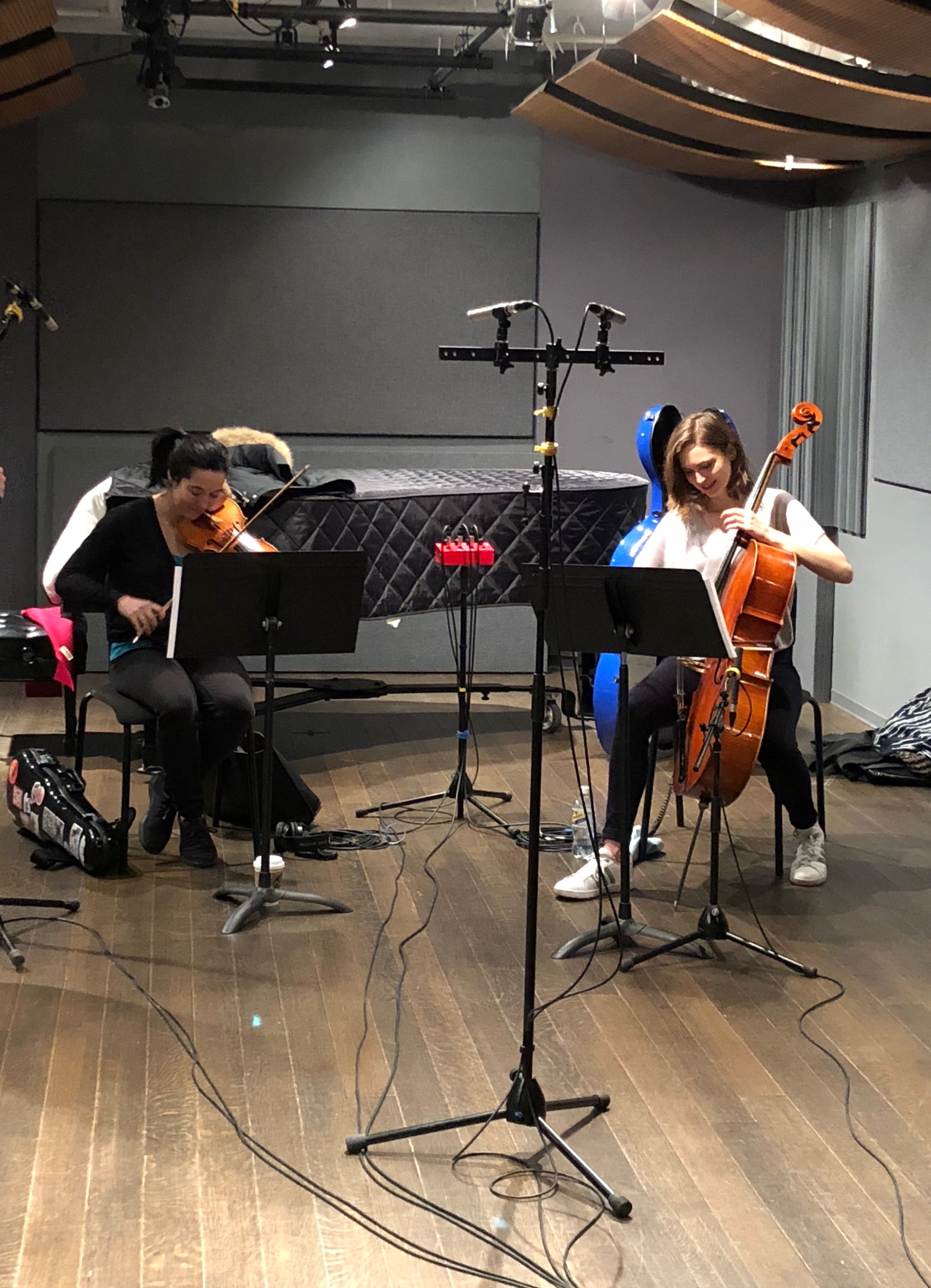 Patti Kilroy (violin) and Mariel Roberts (cello) recording the score at Dolan Studios for the MasterCard Gold Card commercial.
