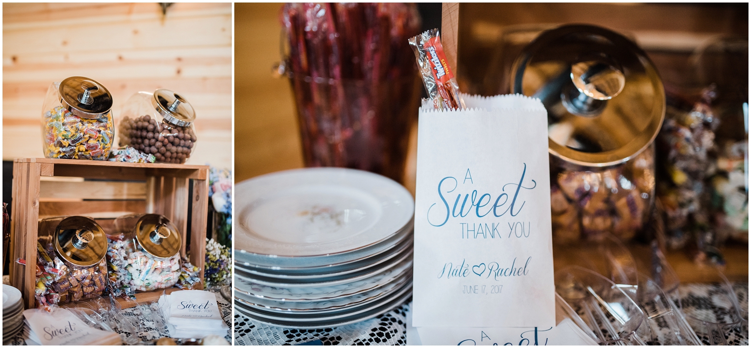 dessert station/candy table at Rolling Meadows Ranch wedding