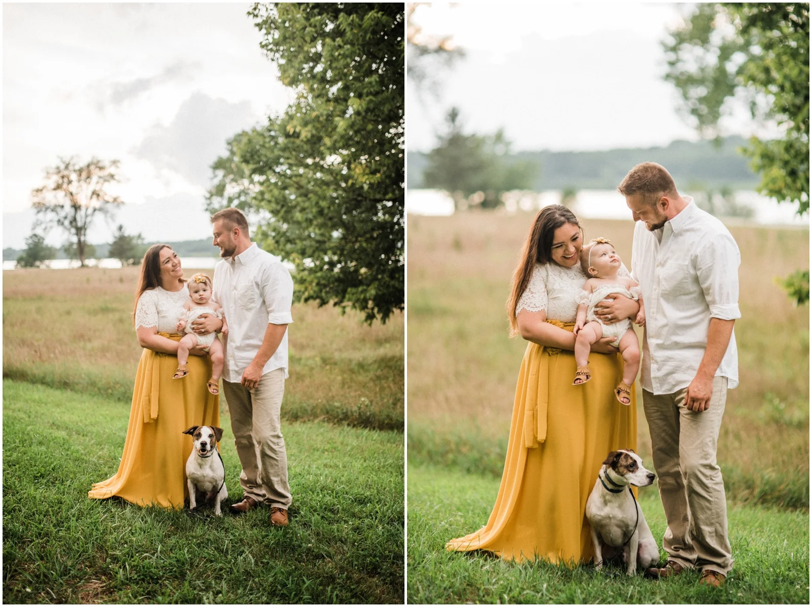 couple smiling with their dog and daughter