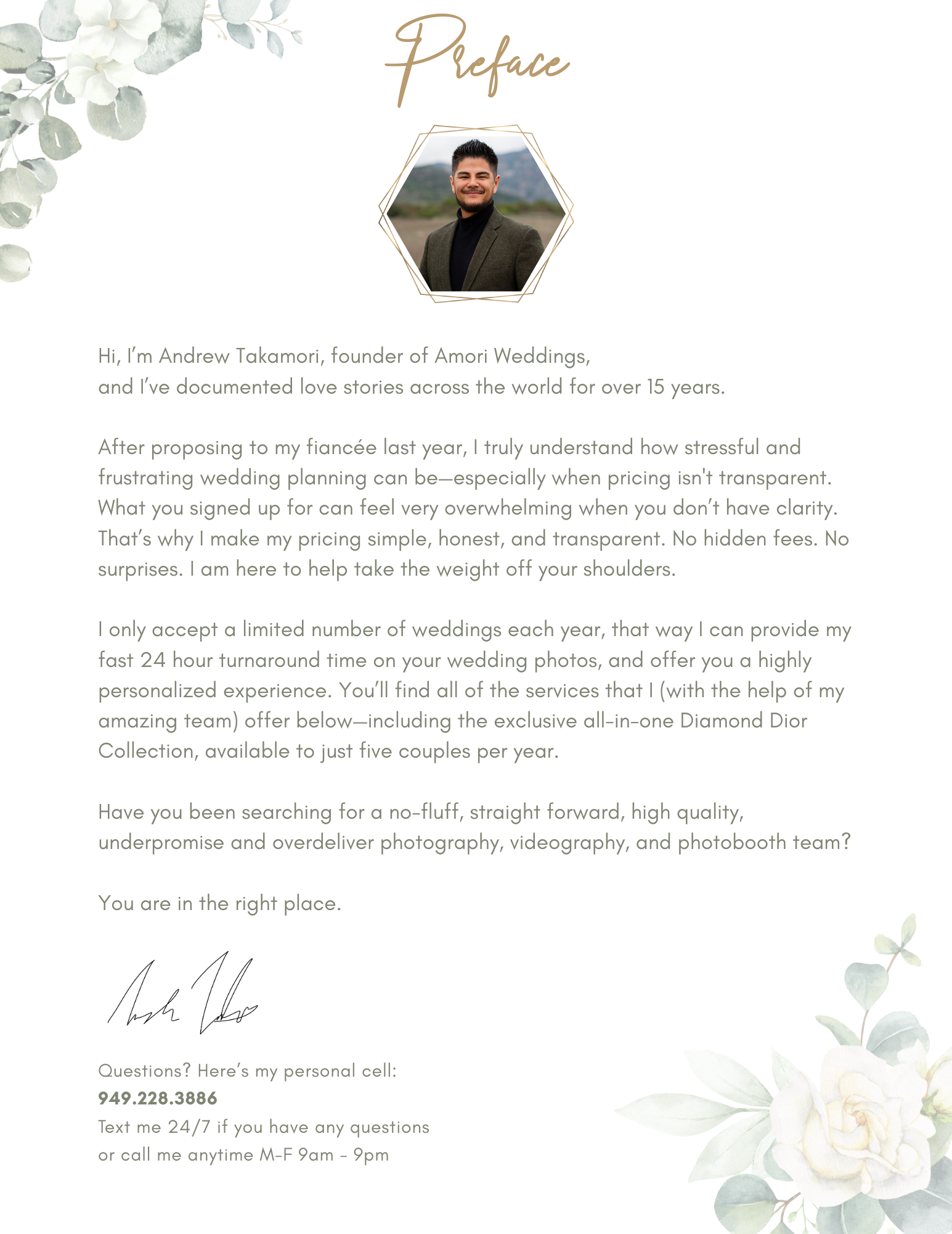 A letter from Andrew Mori, owner of Amori Weddings