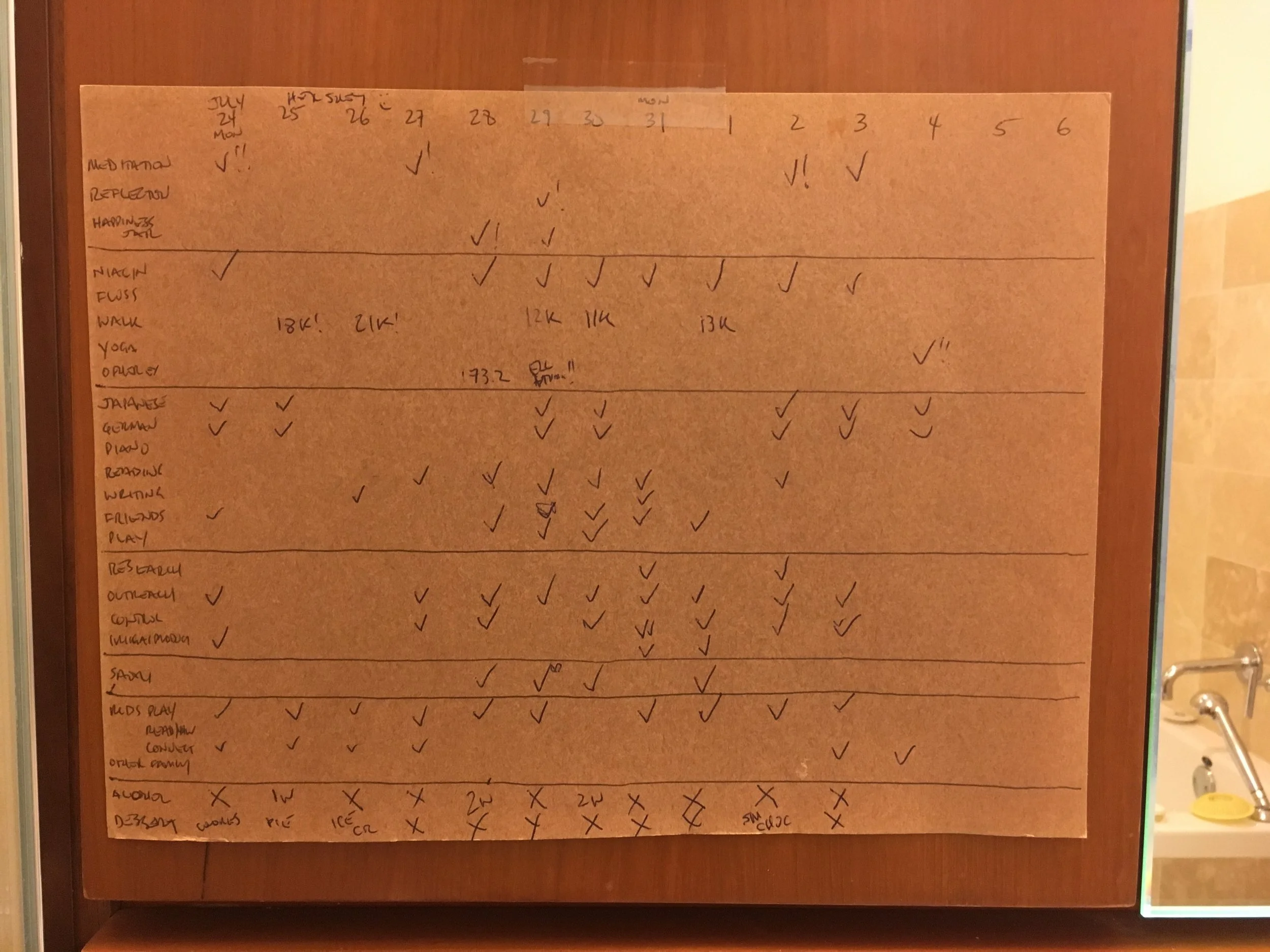 A recent chart Taped near the bathroom mirror: A kind of “dashboard for life” (Which continues to change as I change, with different things becoming more or less important, or requiring more or less of my attention)