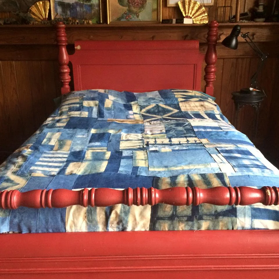 Karen is working on a quilt top using left over scraps of indigo dyed linen from her other projects. 