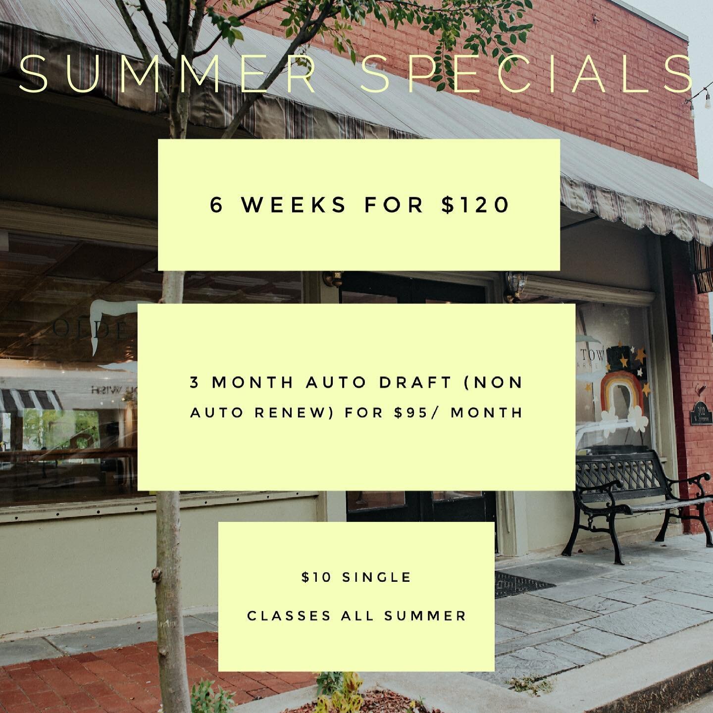 ⁣
⭐️ SUMMER SPECIALS ⭐️⁣
.⁣
6 weeks for $120 
⁣
3 month auto draft (non-autorenew) $95/month⁣
⁣
$10 single classes all summer !!!!!!⁣
.⁣
Available on MINDBODY NOW! Purchase online or in studio! ⁣
.⁣
.⁣
.⁣
#oldetownebarre #otbfitness #otbbarre #otbcli