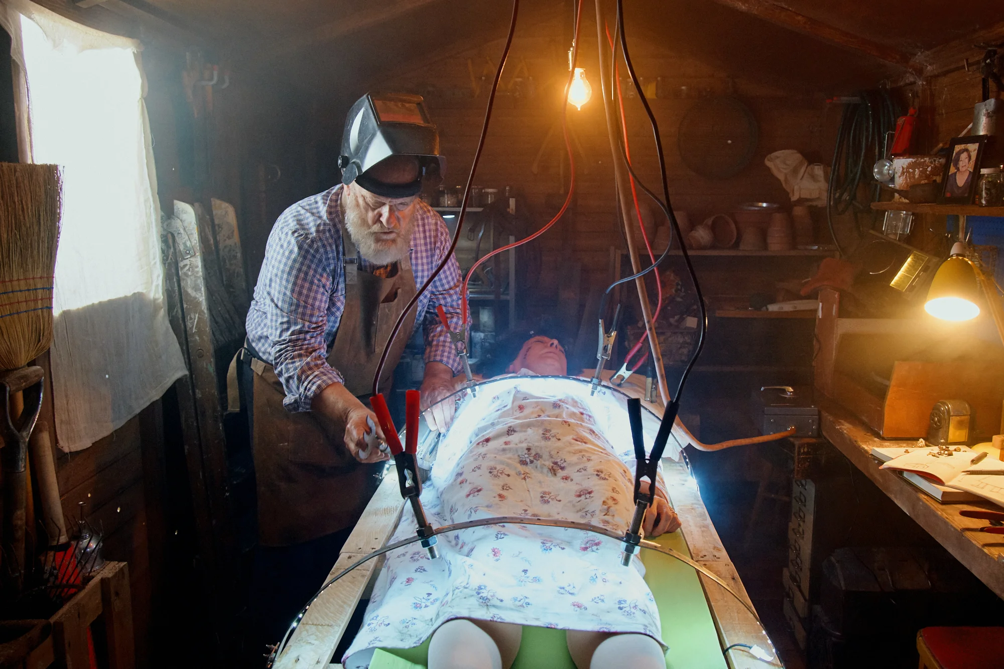 Frank works on bringing Mary back to life. A behind-the-scenes photo from the set of Frank & Mary . Photo by @Suzi_Corker
