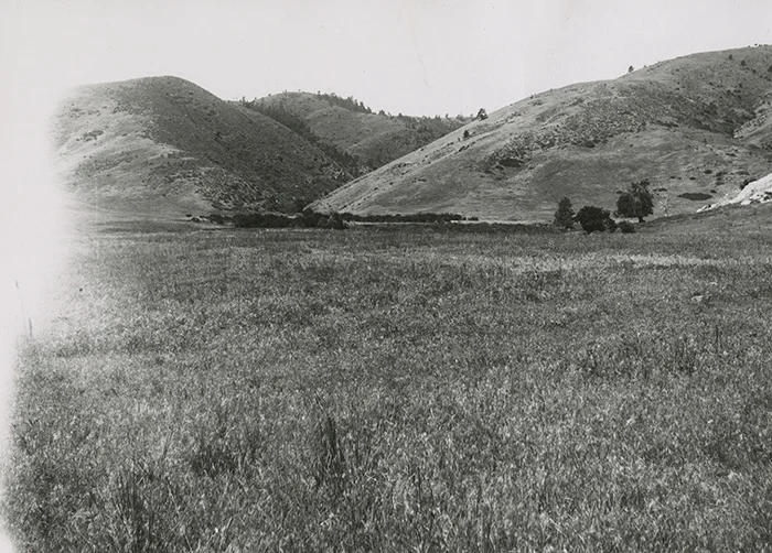 Apex Gulch (date uncertain, pre-1950s), Negative #1167-S WPA, NF-Apex Gulch, History Colorado (subsequent use requires written permission from History Colorado). This photo shows Apex Gulch before the Magic Mountain amusement park was built. A faint trail appears to cut across the base of the hill on the left side of the gulch.