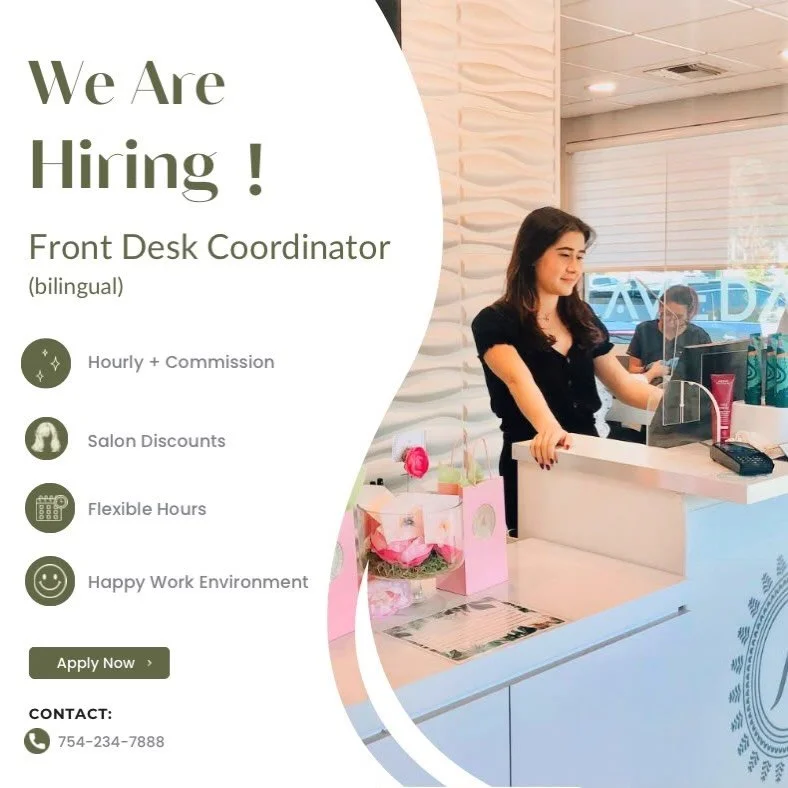 ✨ We&rsquo;re Growing Our Team! ✨

Do you love meeting new people and creating amazing first impressions? We&rsquo;re looking for a Bilingual Front Desk Coordinator to join our team!

💼 What we offer:
✨ Hourly pay + commission
💖 Employee salon disc