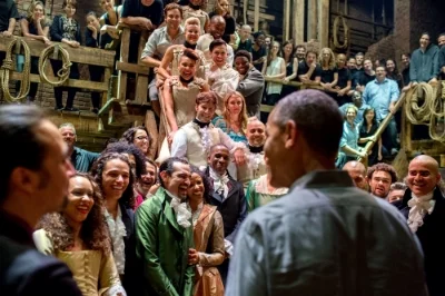 The Hamilton cast and crew greets President Barack Obama, 2015. (Source: Wikipedia)