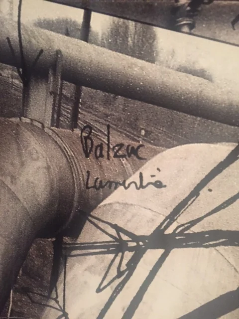 "Balzac," "Lamartine" - the names of 19th century French literary giants novelist Honoré de Balzac and poet Alphonse de Lamartine superimposed on a photograph at "Michel Houellebecq: French Bashing" art show in NY on Friday