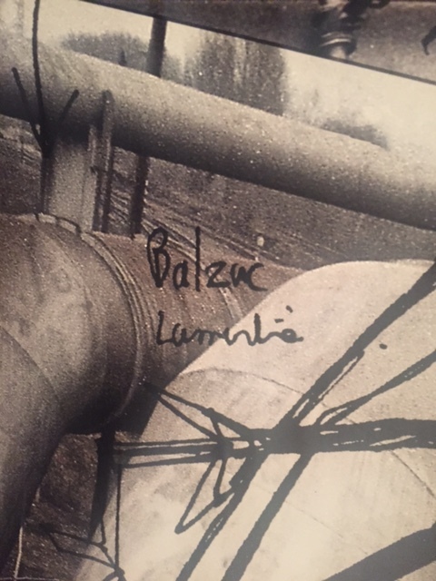 "Balzac," "Lamartine" - the names of 19th century French literary giants novelist Honoré de Balzac and poet Alphonse de Lamartine superimposed on a photograph at "Michel Houellebecq: French Bashing" art show in NY on Friday