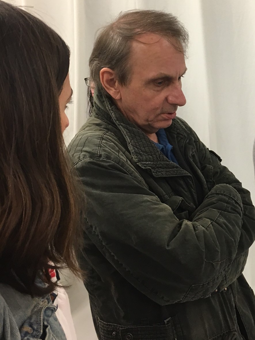 "Well, it's tourism..." Michel Houellebecq laconically describing his art to LSP's Prune Perromat at the opening of his first US art show "French Bashing" in New York on Friday night. Photo Credit: Joel Whitney