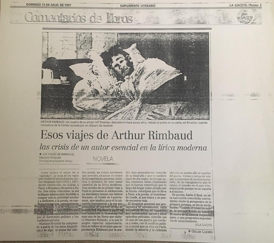 Cutout from Argentine newspaper "La Gaceta" showing a review of Mariano Rolando Andrade's first book: "The Travels of Arthur Rimbaud," written early in his career