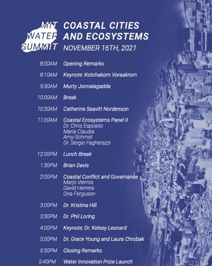 Thanks everyone for joining the #MITWaterSummit2021 DAY 1, whether that was online or in-person! We'll see you tomorrow on Zoom for DAY 2 @ 8 AM EST! Lots &amp; lots interesting talks + panels tomorrow on #CoastalEcosystems &amp; #CoastalCities. 💧Co