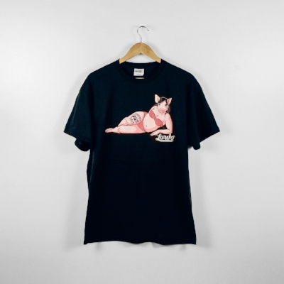 Black Unisex Tee with Pig in Bikini Graphic- dfrntpigeon