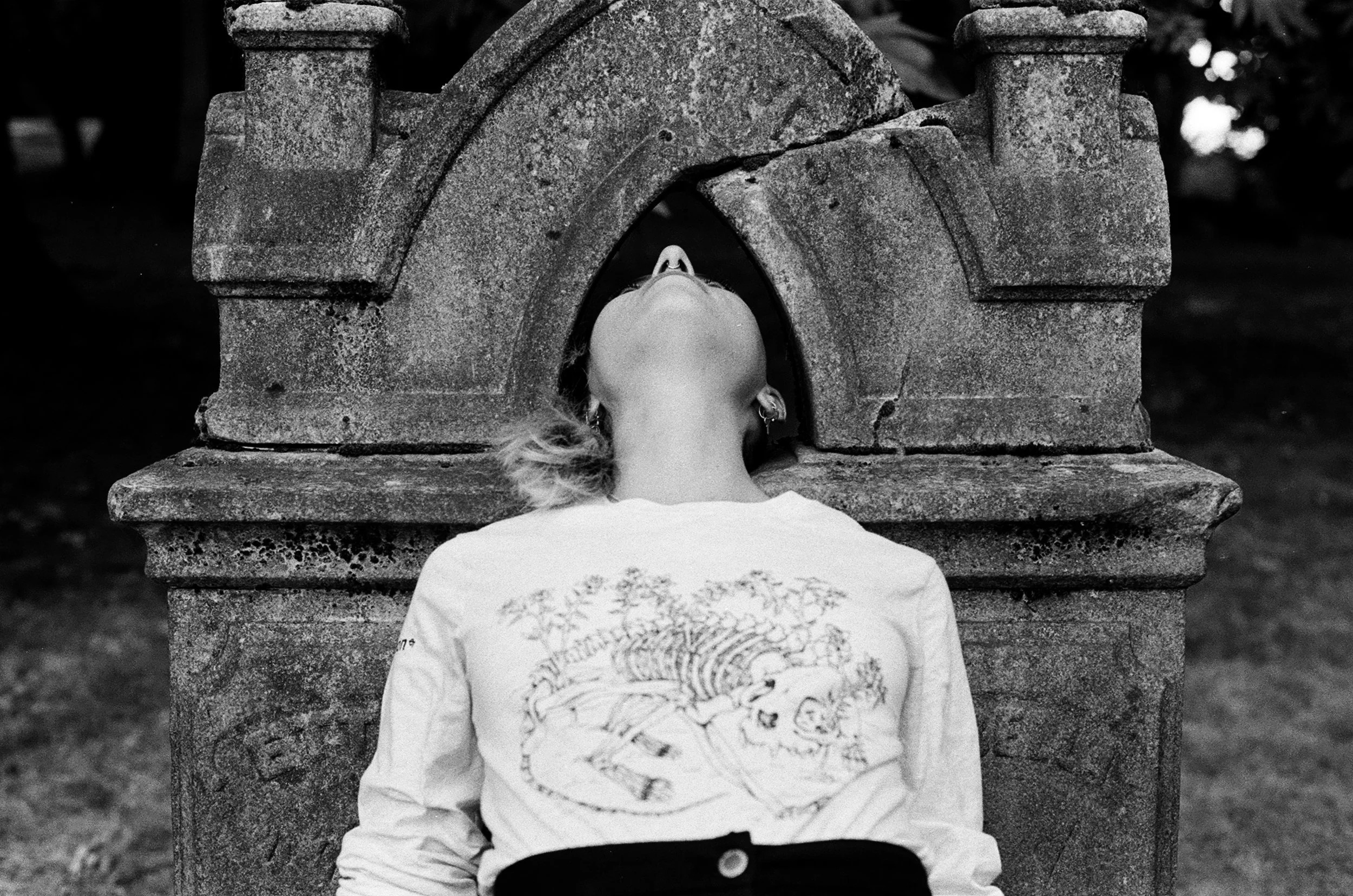 white/grey long sleeve unisex tee shirt with cat skeleton with st. john's wort growing between ribs graphic on front - dfrntpigeon