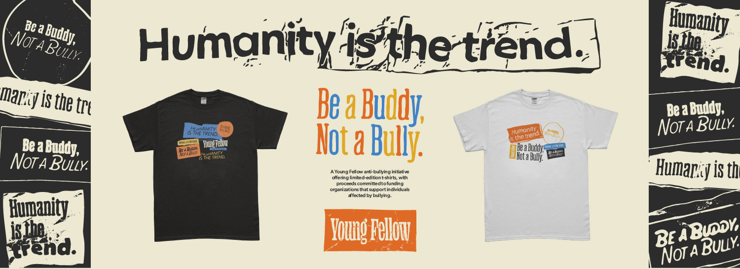 This image contains black graphics on a cream colored background, other colors include red, yellow and blue. The text and graphics are warped to promote an anti-bullying iniatiative