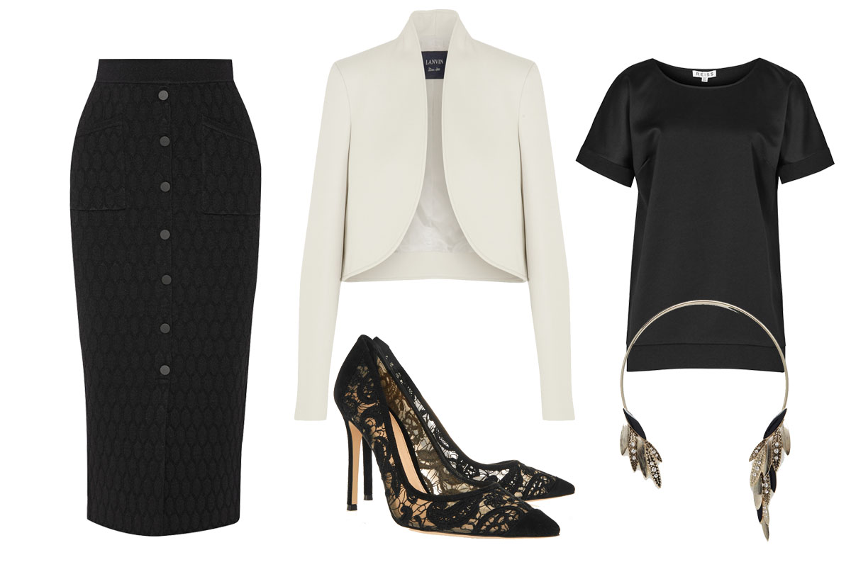 Ennie's Power Outfit: REISS Top $145 , GIANVITO ROSSI Pumps $845 , LANVIN Jacket $2445 , JONATHAN SIMKHAI Skirt $360
