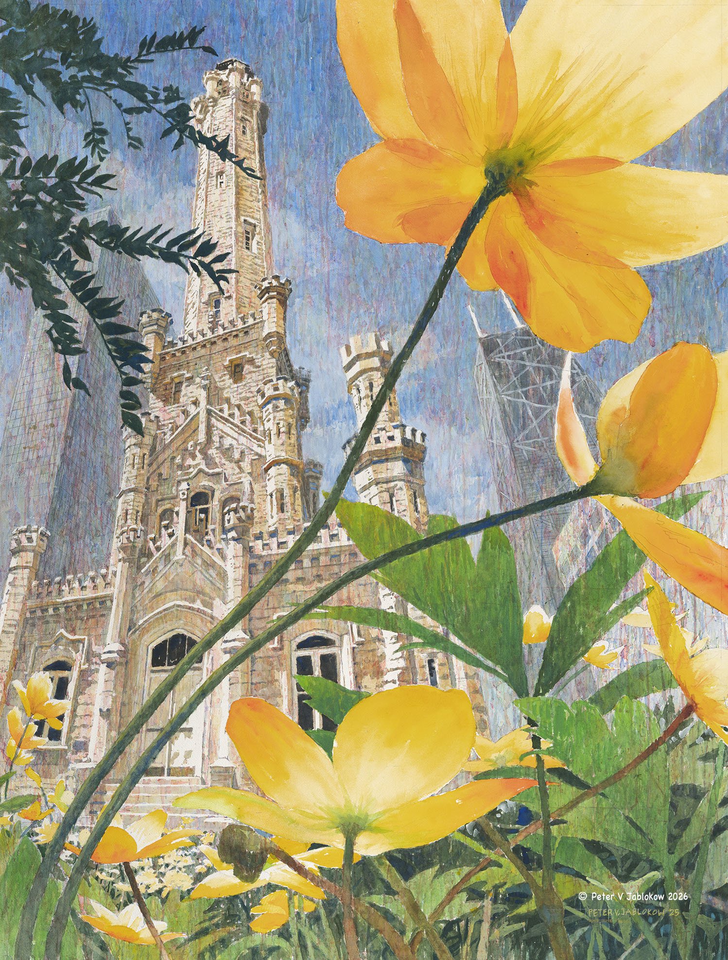 water tower with Yellow Flowers