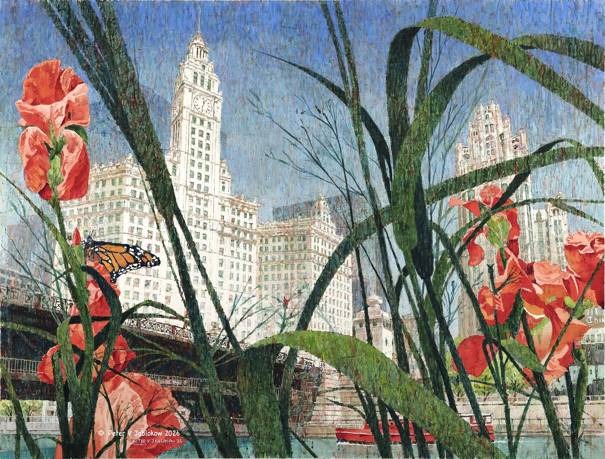 Wrigley Building with Red Flowers