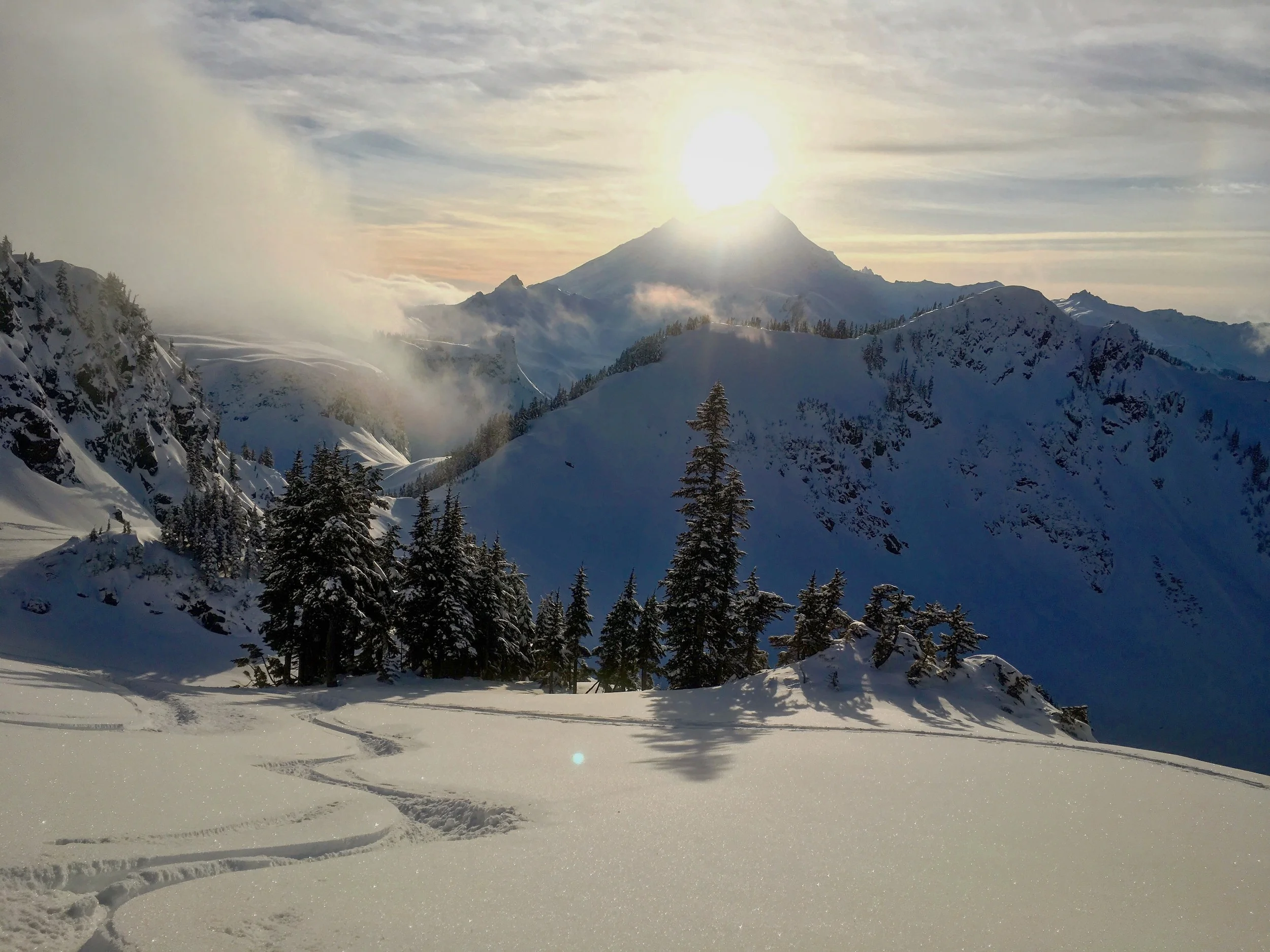 Splitboarding: View of Mt. Baker from West flank of Mt. Herman