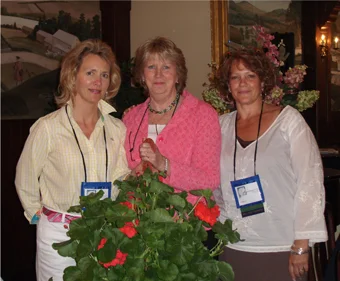 Honorary Member Audrey Livingston (center) with Past Membership Chair Terri Swanson and Past President Sandy Marshall at 2008 NEADHVS Conference in Simsbury, CT.