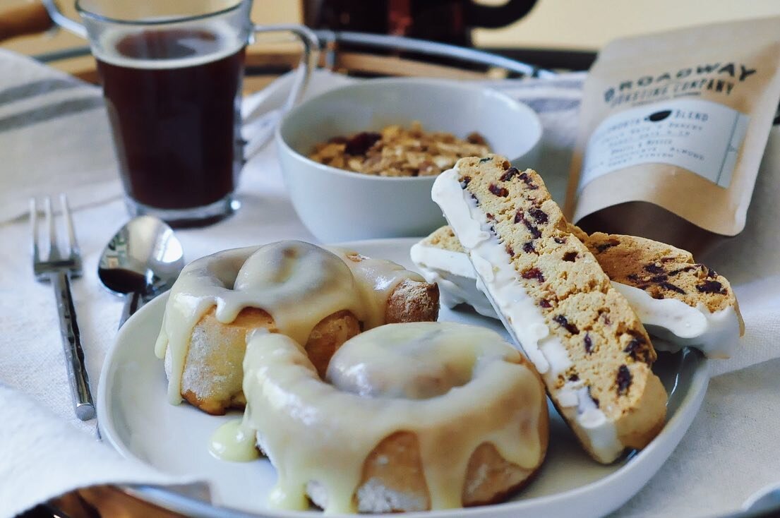 A very special breakfast is a very special way to start Mother&rsquo;s Day! Our Breakfast in Bed assortment includes Take &amp; Bake Cinnamon Rolls, Cherry Almond Biscotti, Granola (made in-house, of course), and a special blend of freshly roasted co