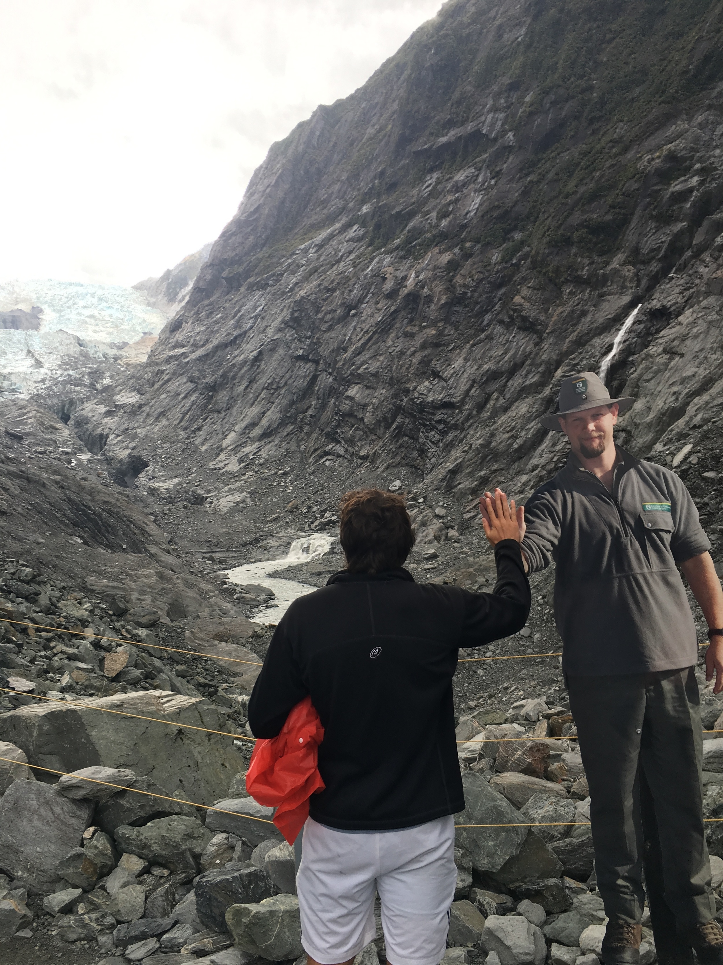 Faux ranger high five at Franz Josef Glacier