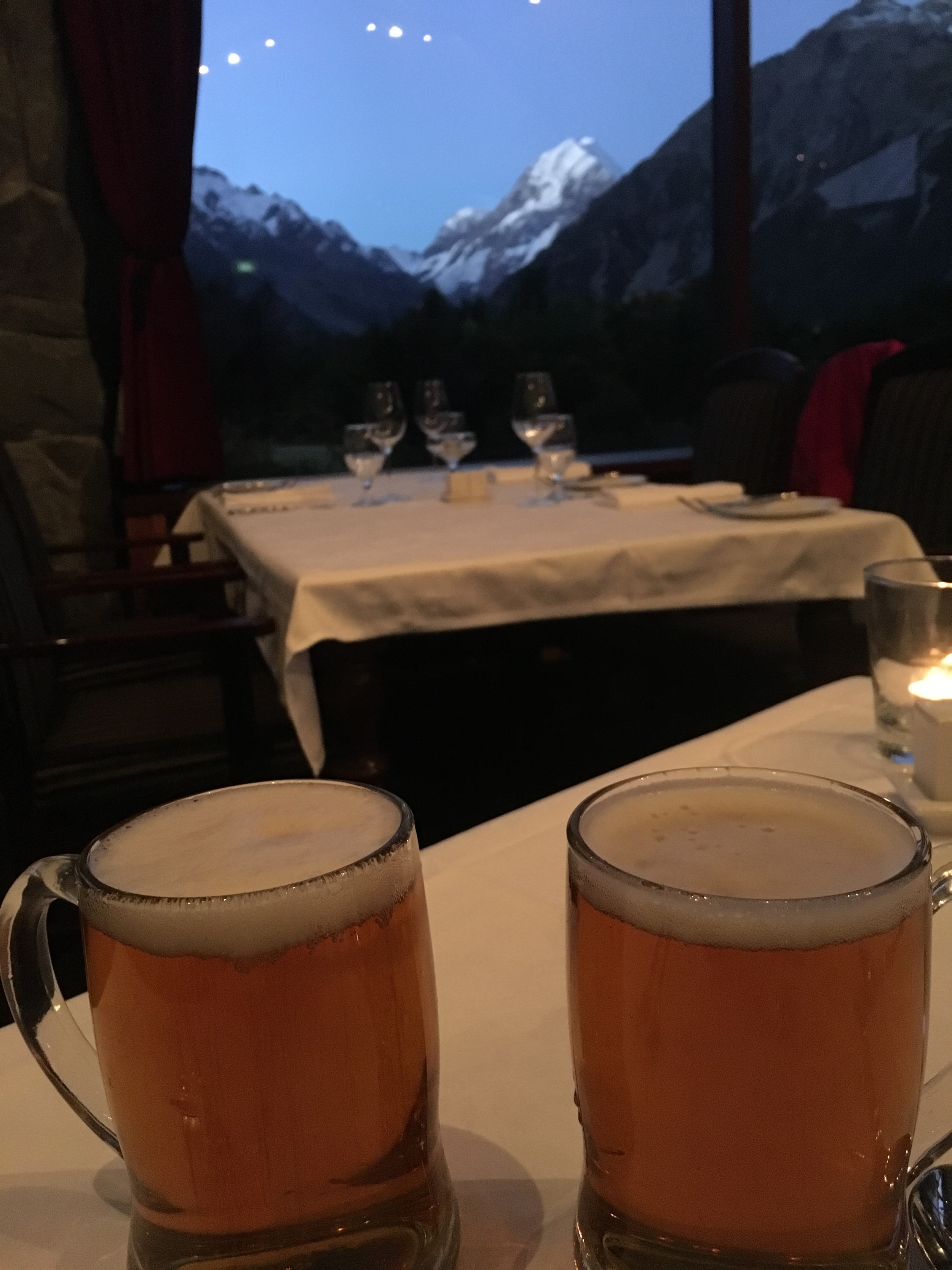Well-deserved beers + view of Mount Cook