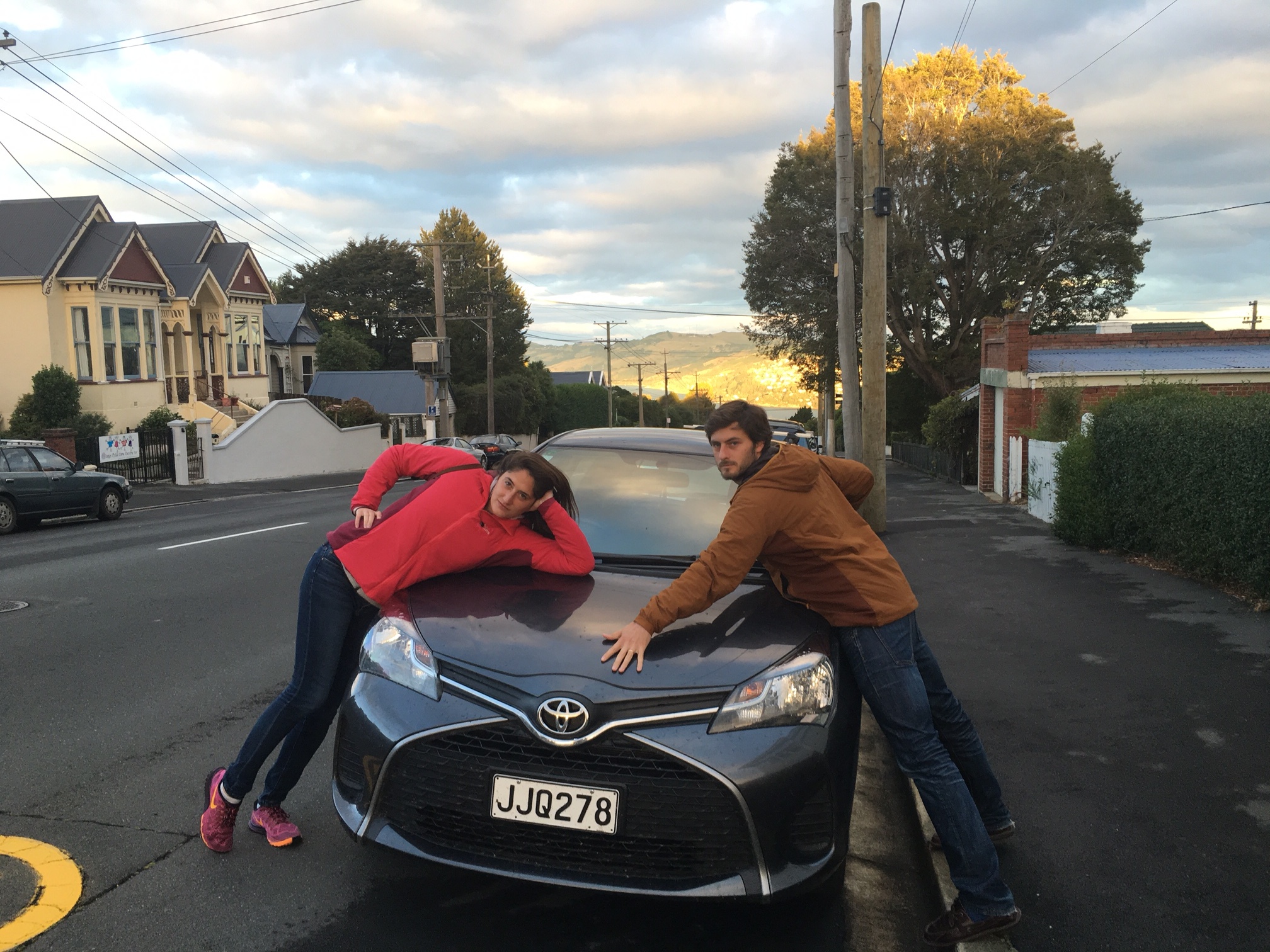 With our trusty Toyota Yaris, pictured at home base in Dunedin