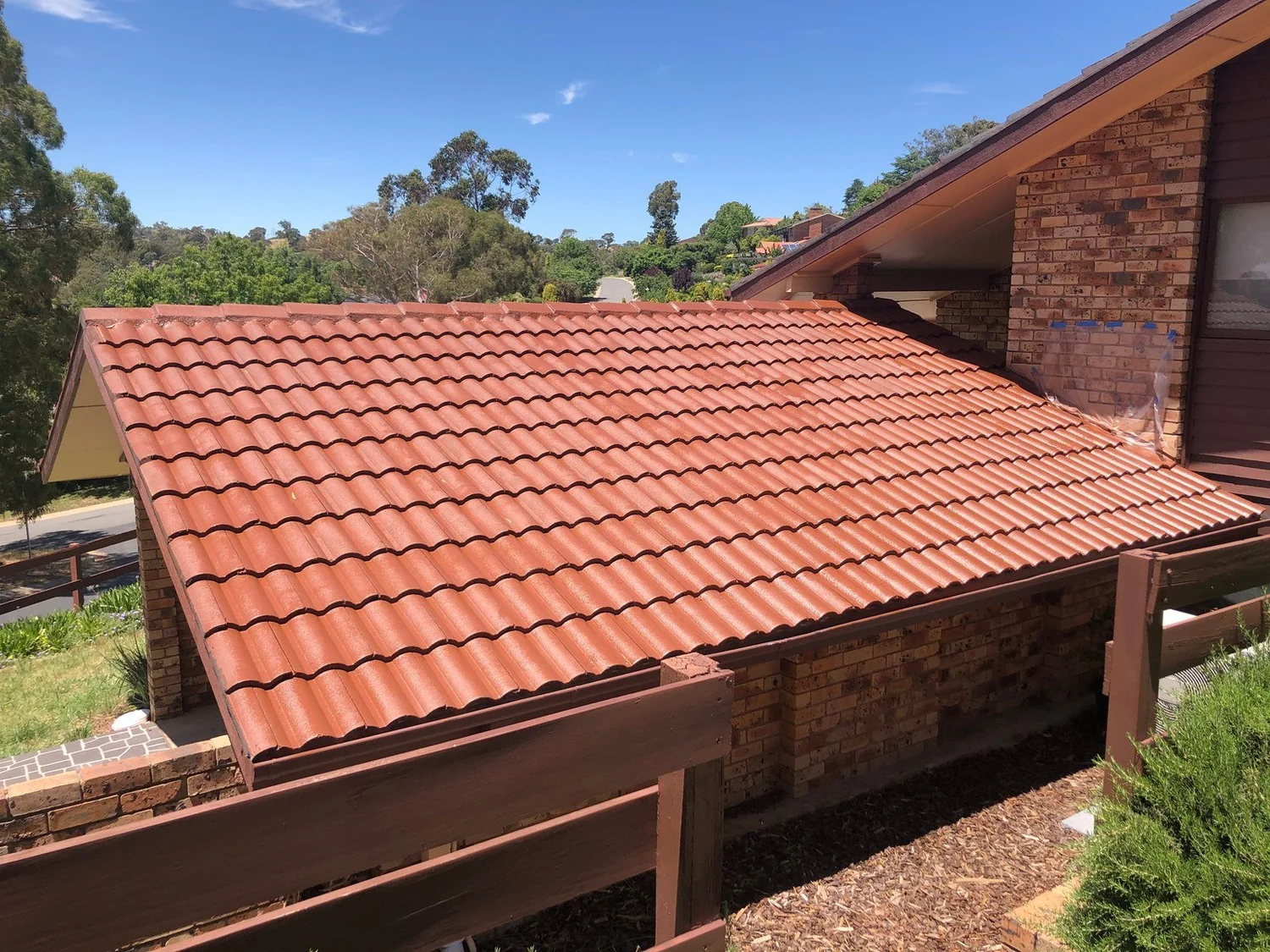 Lower tiled roof over a deck after Clear Jet cleaning and sealing in Canberra