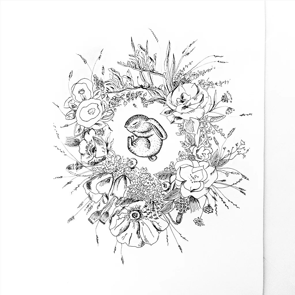 Sleeping Bunny in Floral Wreath - Modern Nursery Decor Illustration Print