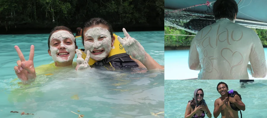 The Milky Way is famous tourist attraction for snorkel tours in Palau. Bottom right, me and Marley during a snorkel assessment.