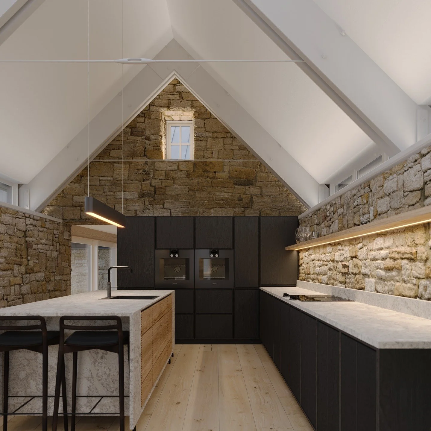 Kitchen study: Steading conversion: Highlands of Scotland.

Architect: - @maxwellandcompany

#kitchen #black #modern #marble #island #kitchenisland #breakfast #breakfastbar #wood #timber #bespoke #handmade #artisan #steel doors #myhome #home #interio