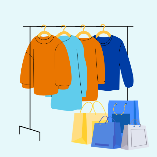 apparel for sale on rack with bags