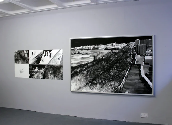  Right: Installation View of Protest Crowd, Yemen ( Version 4), 2015. Ink on Paper mounted on aluminium. Dimensions 200cm x 150cm Left: All things splinter and collapse (Version 1), 2015. Grouped Drawings. Ink on paper. Dimensions 174cm x 94cm 