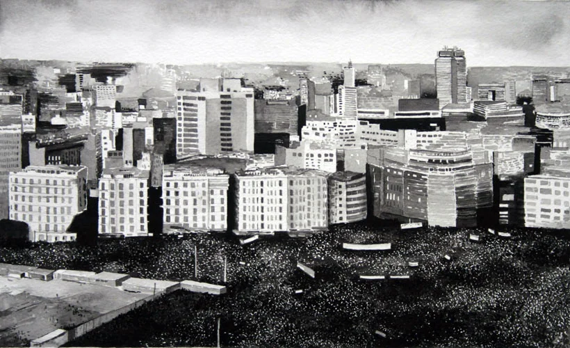  Protest Crowd, Tahrir Square (3), 2011. Ink on paper, 40cm x 58cm 