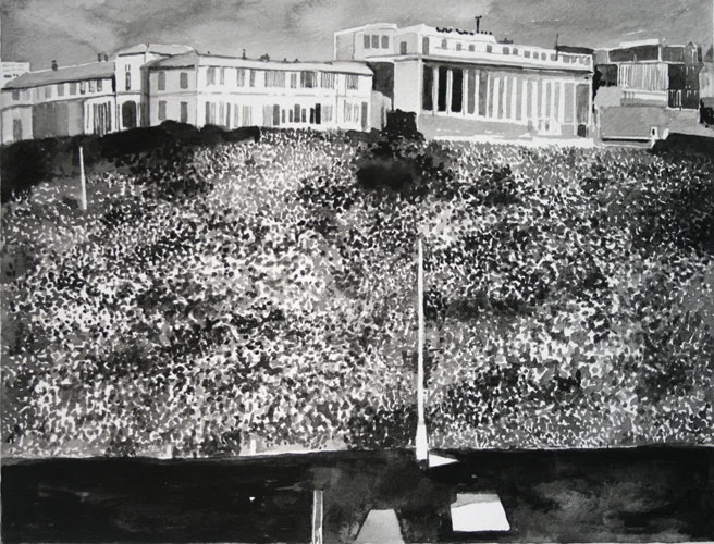  Support Crowd, New Zealand, 2009. Ink on paper, 40cm x 58cm 
