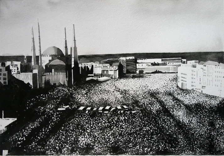  Protest Crowd, Beirut (3), 2009. Ink on paper, 40cm x 58 cm 