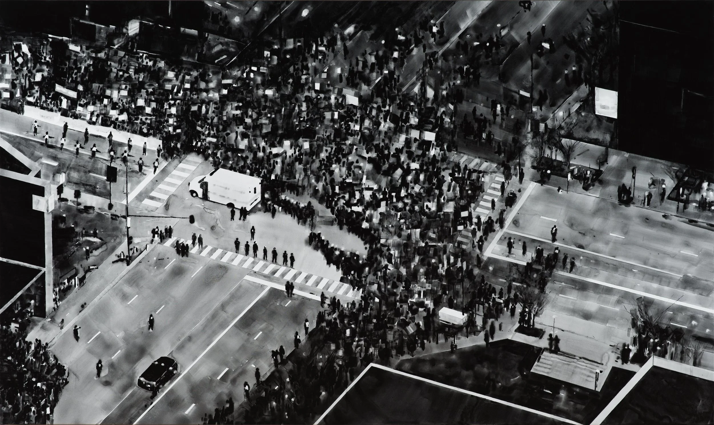  Protest Crowd, Chicago, USA, Trump Rally 2, (2016), 2017 Japanese ink on linen, 195 x 300cm, Courtesy of the artist 
