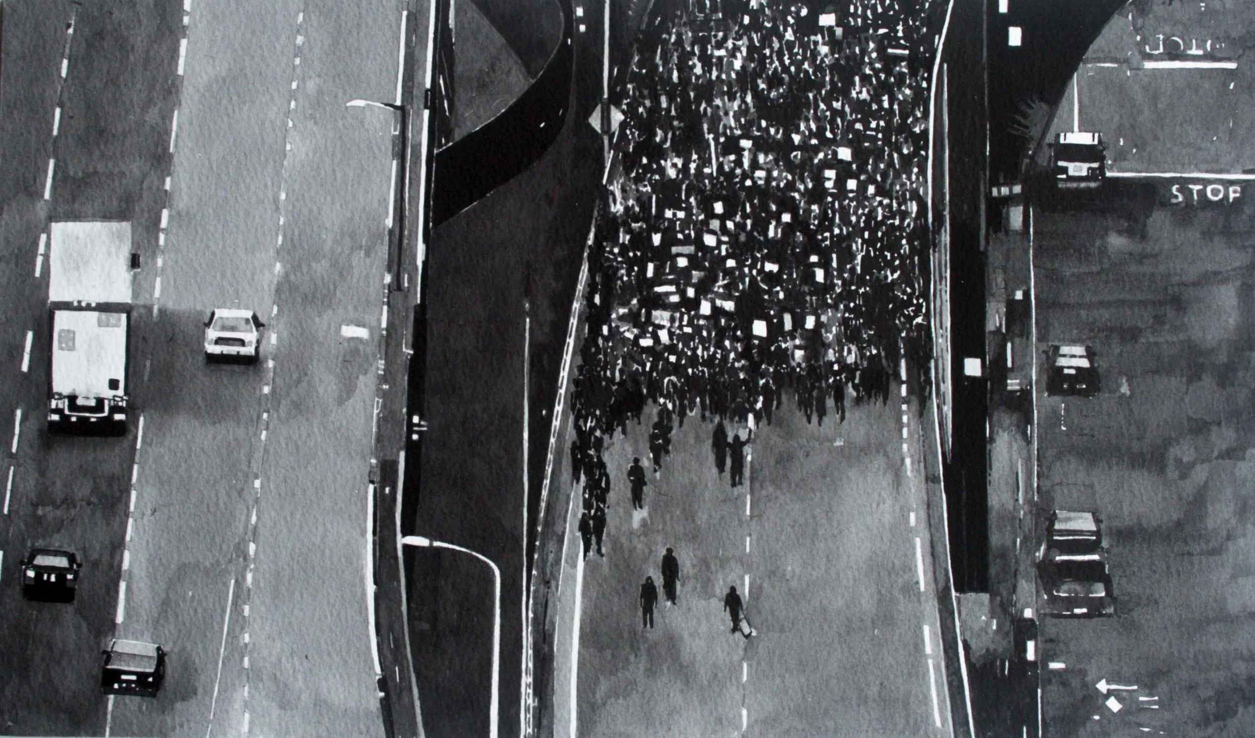 Protest Crowd, (BLM, Oakland, July 08, 2016) Ink on paper, mounted on aluminium, white box frame, 40cm x 58 cm. 2017.