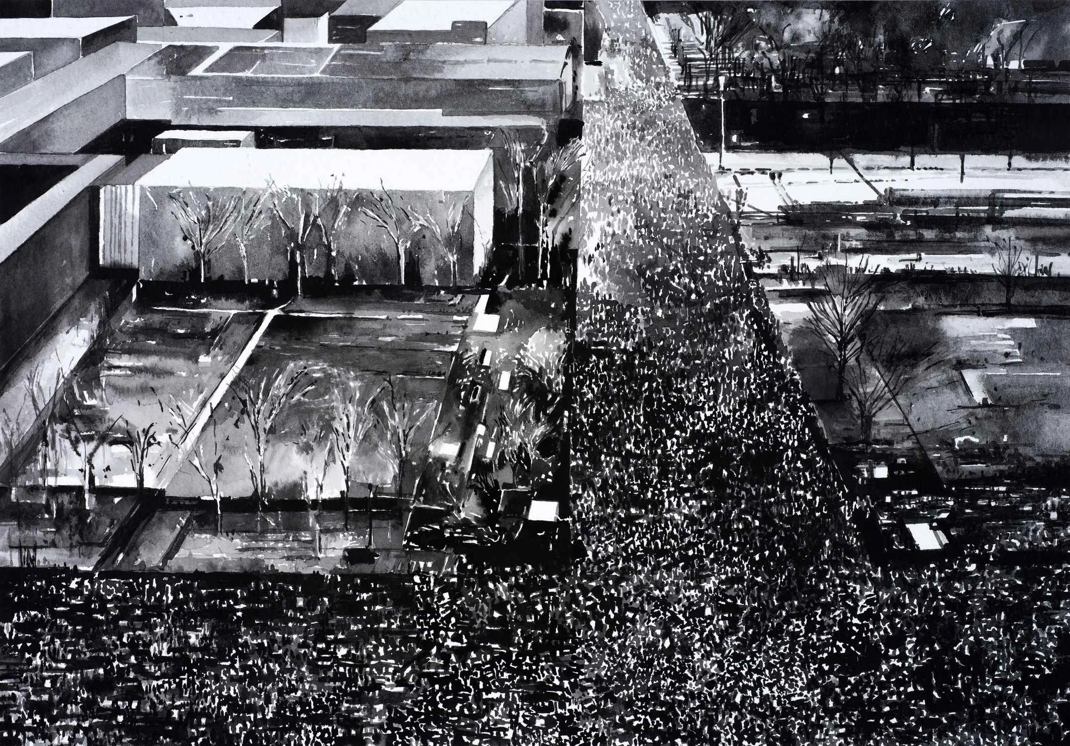 Protest Crowd, (Womens March, Chicago, January 21, 2017) Ink on paper, mounted on aluminium, white box frame, 40cm x 58 cm. 2017.