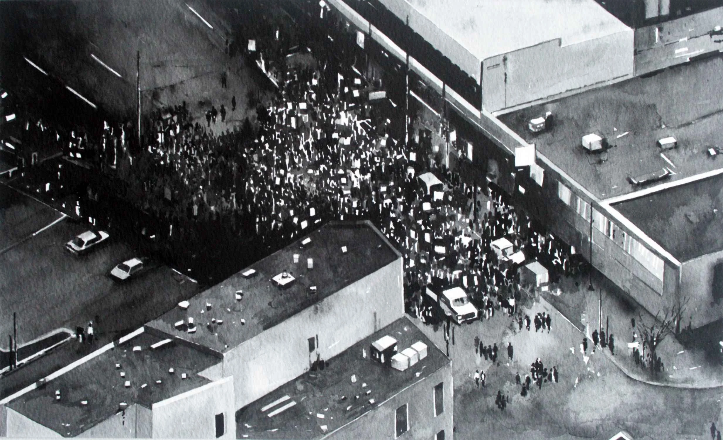 Protest Crowd, (BLM, Minneapolis, April 29, 2015) Ink on paper, mounted on aluminium, white box frame, 40cm x 58 cm. 2017.