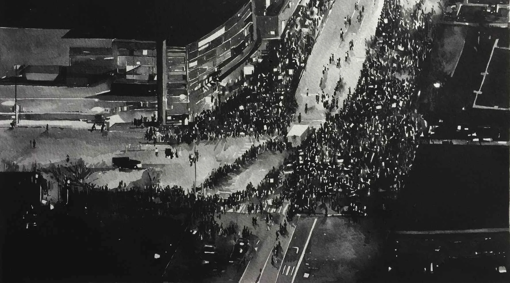 Protest Crowd, Chicago, Trump Rally (2016), Ink on paper, mounted on aluminium, white box frame, 40cm x 58 cm. 2017.