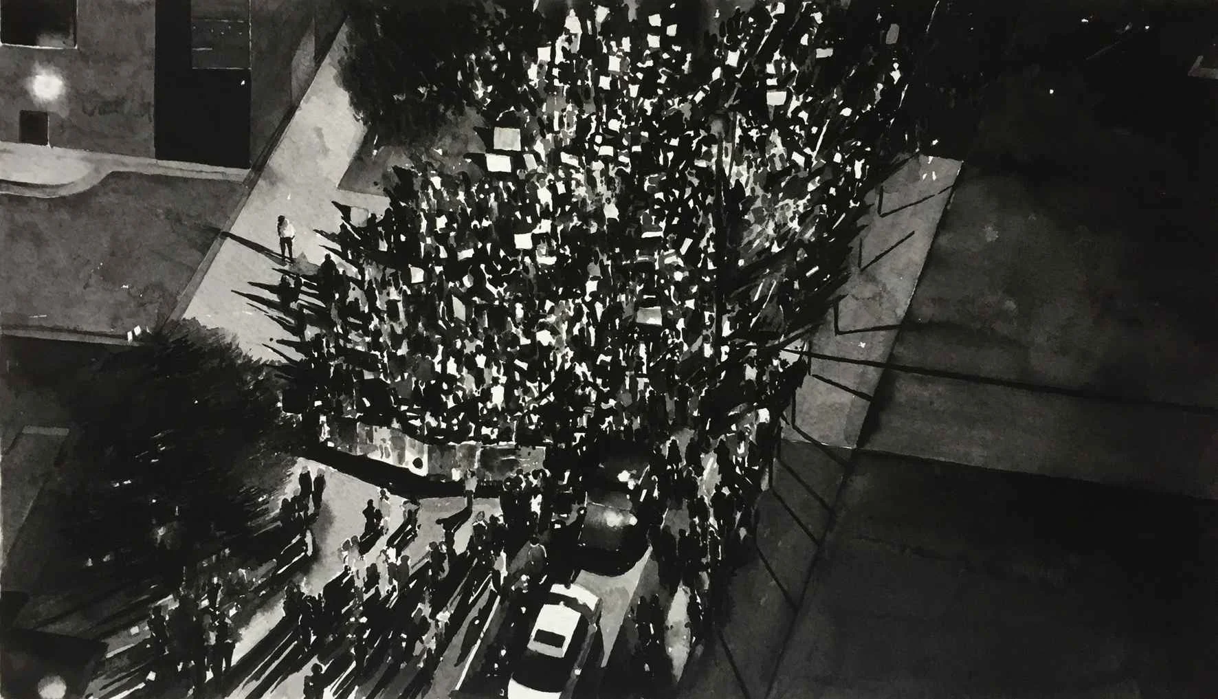  Protest Crowd, Charlotte, Black Lives Matter (2016) Ink on paper, mounted on aluminium, white box frame, 40cm x 58 cm. 2017. 